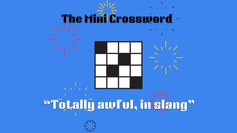 The Mini Crossword logo on a blue background with 'totally awful, in slang' written below it.