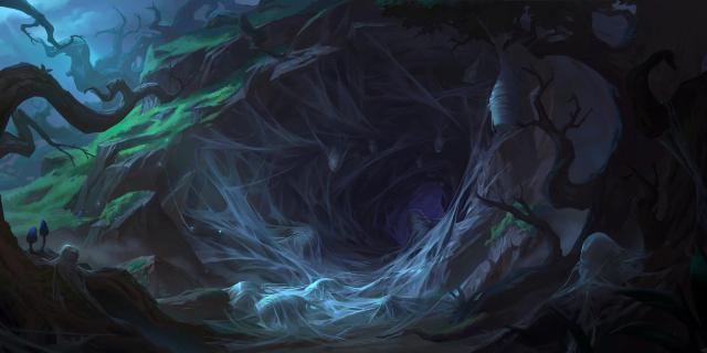 A dark cave in the Twisted Treeline covered in spider webs and with a strange purple glow coming from within.