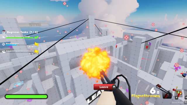 Shooting with a flamethrower in Roblox Rivals.