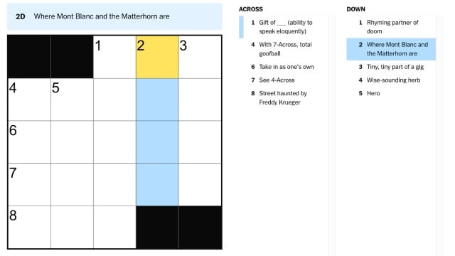 where mont blanc and the matterhorn are july 28 nyt mini crossword clue