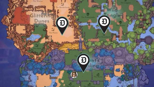 The locations of the 2D objects marked on a map in Disney Dreamlight Valley.