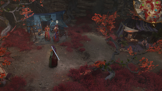 A wizard and a man chat at camp while the player's character watches