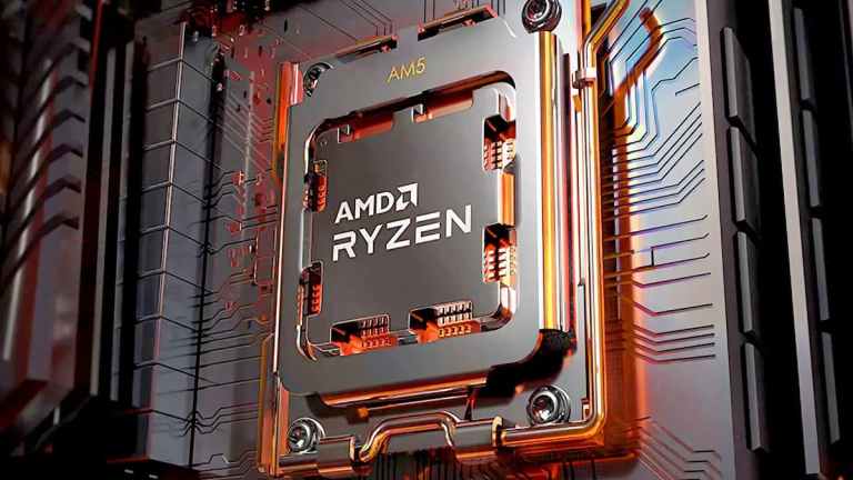 Stylized shot of an AMD Ryzen CPU inside an AM5 socket motherboard