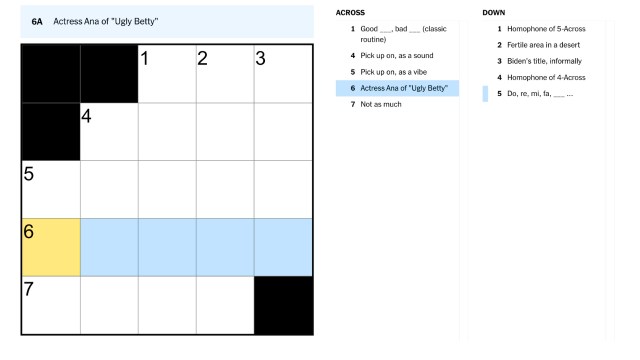 The clue, Actress Ana of Ugly Betty, highlighted in blue and yellow on the NYT Mini Crossword puzzle for Aug. 23