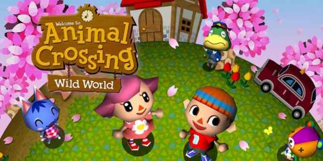 The key art for Animal Crossing: Wild World, featuring both player characters with pink trees and a house in the background.