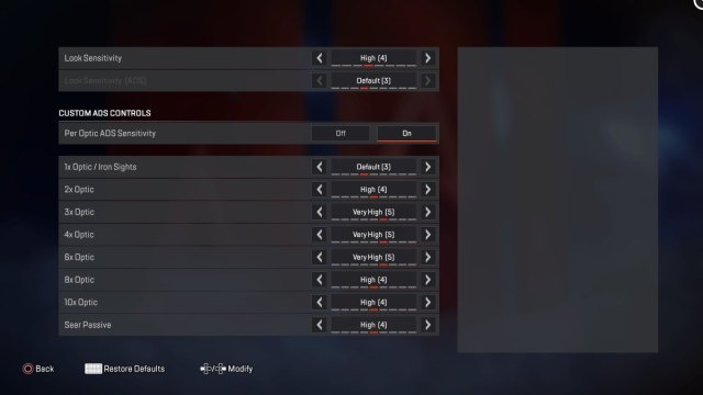 Per Optic controller settings in Apex Legends menu