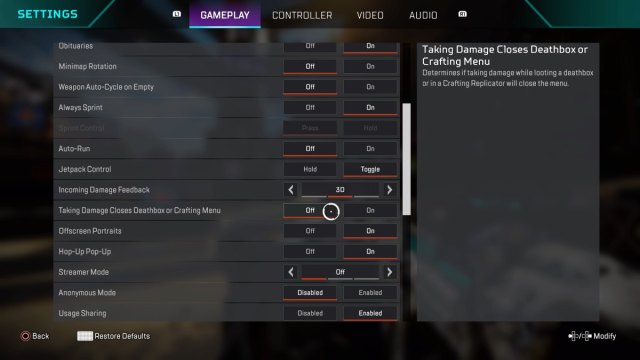 Gameplay settings with Death Box option highlighted by cursor in Apex Legends menu