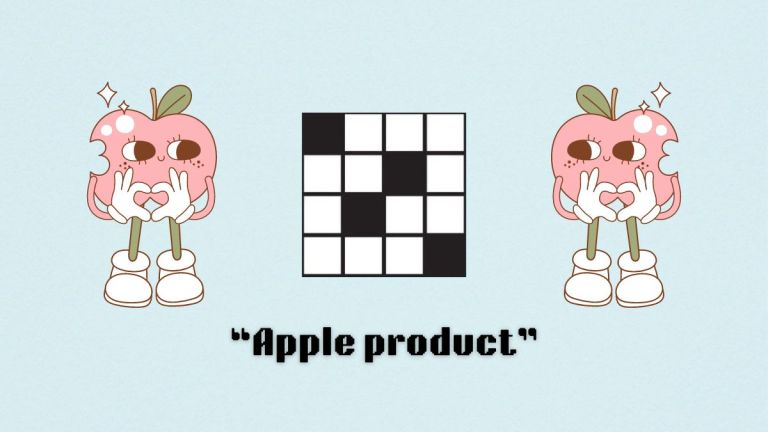 Two cartoon apples next to a crossword puzzle icon above the clue, apple product, in the Aug. 22 NYT Mini Crossword puzzle