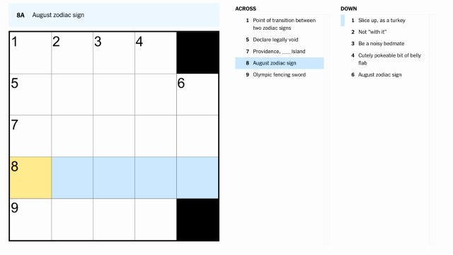 The clue, August zodiac sign, highlighted in blue and yellow on the nyt mini crossword puzzle for Aug. 27