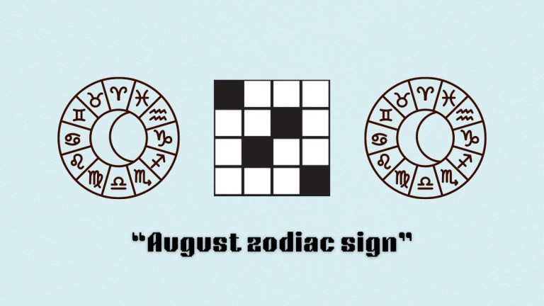 Two zodiac circles next to a crossword puzzle icon above the clue August zodiac sign for the nyt mini crossword puzzle on Aug. 27