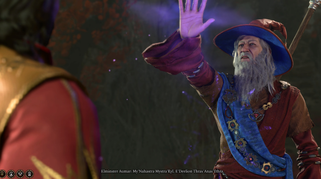 A bearded wizard raises his hand to cast a spell, a purple mist is around his hand