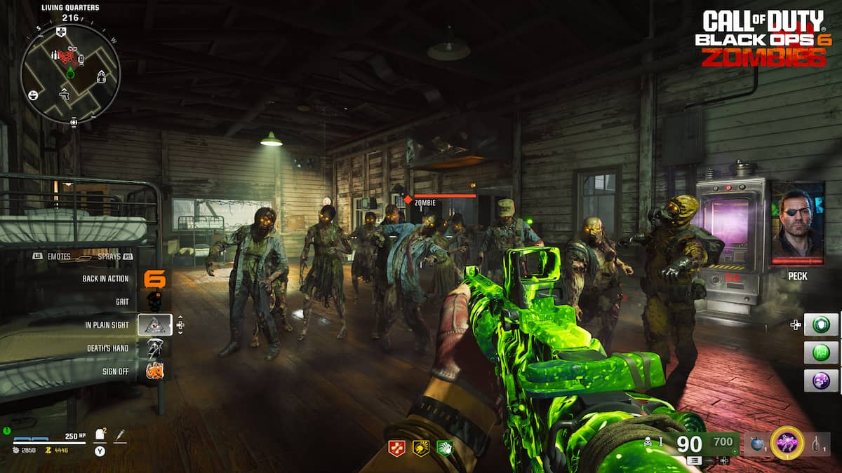 A look at the HUD for Black Ops 6 Zombies, showing a green-camo gun being held against a horde of zombies.