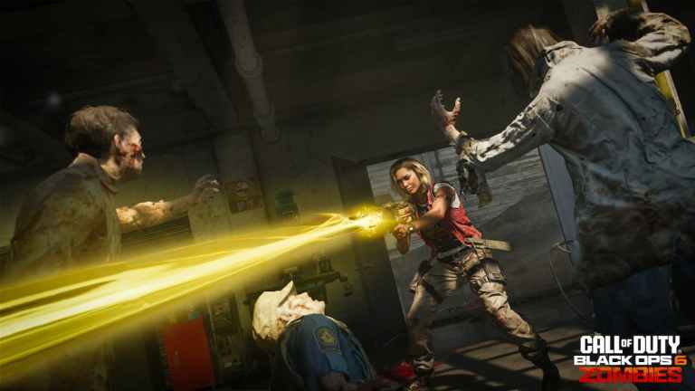 A female character using the Black Ops 6 Zombies Wonder Weapon called the Beamsmasher, shooting a yellow beam of energy at undead zombies.