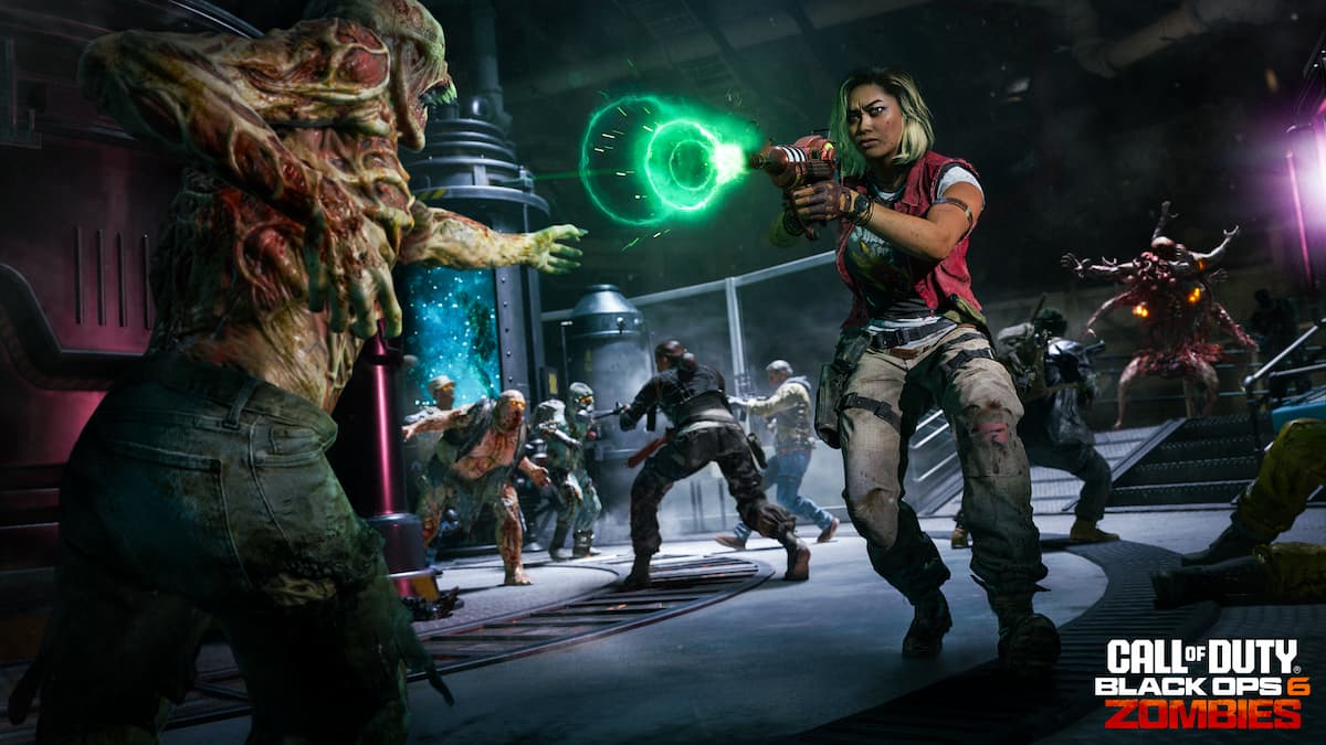 A female character shooting a Ray Gun, firing green beams of energy at zombies.