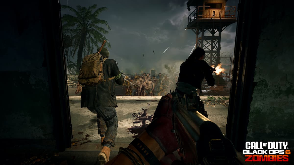 Two soldiers and the player character firing into a large group of zombies chasing after them on an island.