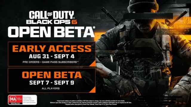 Black Ops 6 beta schedule with the promotional Black Ops soldier in the background, arms out to the side.