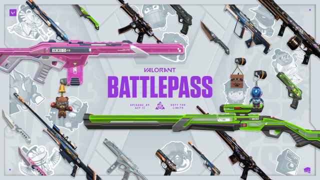 VALORANT Season 9 Act 2 battlepass key art showing lots of colorful guns and the VALORANT logo