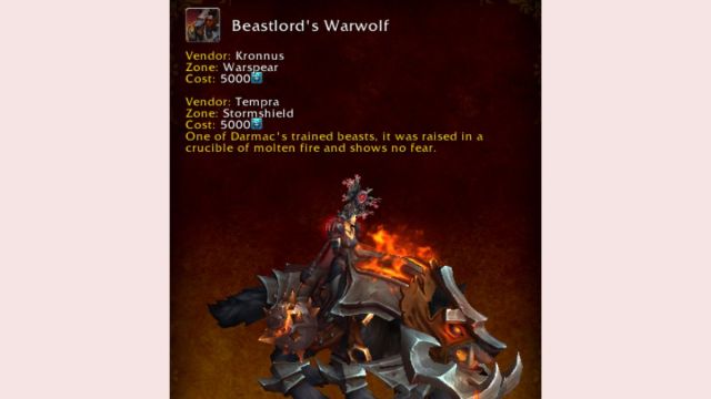 World of Warcraft mount journal showing the Beastlord's Warwolf Timewarped mount.