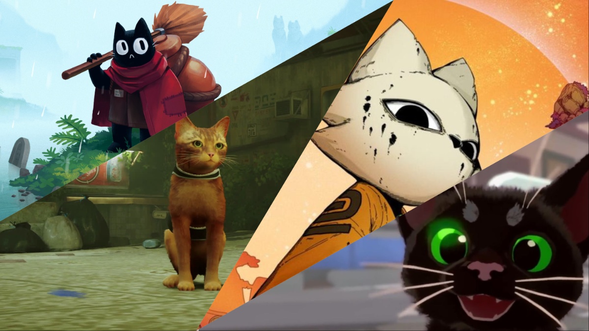 A collage of different cat games, each featuring a cat as the playable character. The games are: Crypt Custodian, Stray, Nine Sols, and Little Kitty Big City.