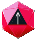 A pink prism-like object with a black triangle in the middle. Inside the triangle is a white arrow pointing up. This image shows readers the Better Broom upgrade in Crypt Custodian.