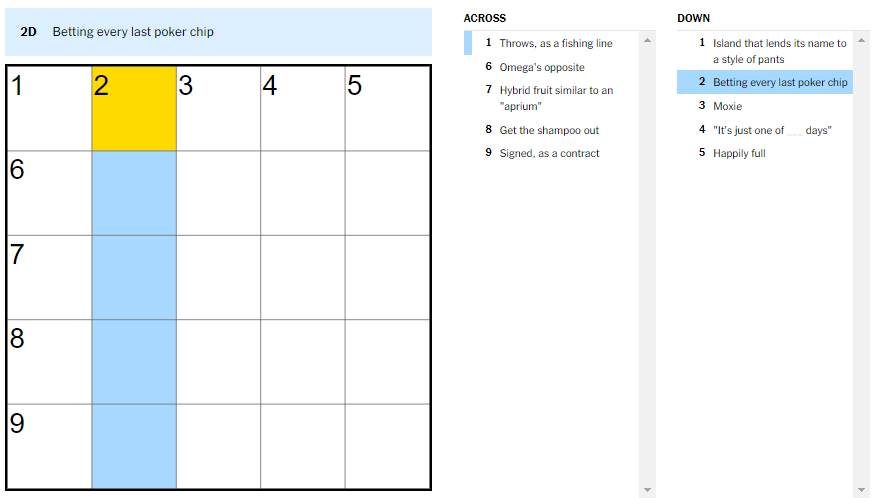 Picture of betting every last poker chip clue in NYT Mini Crossword.