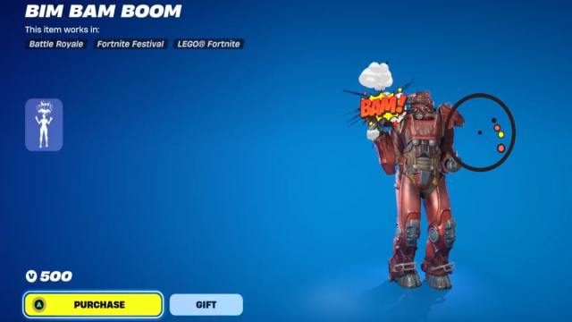 A Fallout Power Armor in Fortnite doing the Bim, Bam, Boom emote.