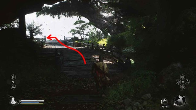 Black Wind Cave in Black Myth: Wukong with a red arrow pointing to a Meditation Spot