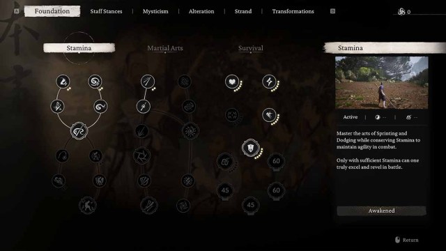 The Skill tree interface menu in Black Myth Wukong