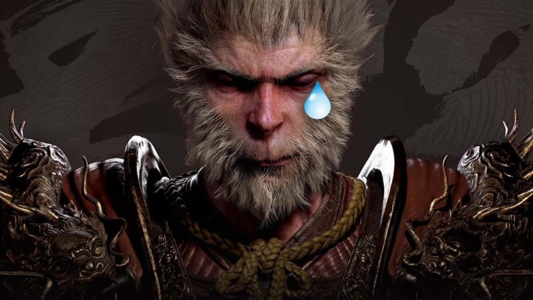 Sun Wukong, the Monkey King from Black Myth Wukong, facing the camera with his eyes closed, with a teardrop on his left eye