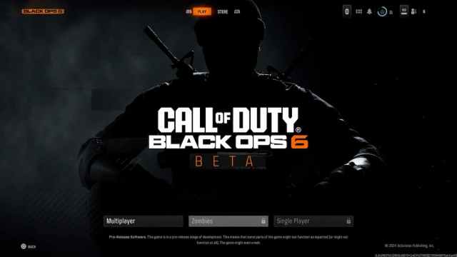 Screenshot of the main menu for the Black Ops 6 beta, showing the cover art  character in the background.