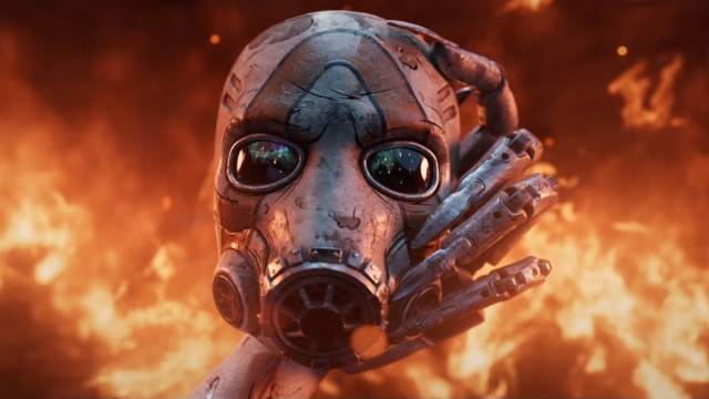 A robotic hand in a fiery landscape holding a Psycho mask from Borderlands.