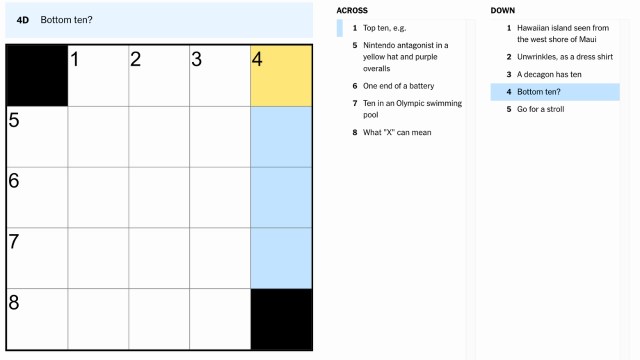 the clue, bottom 10?, highlighted in blue and yellow from the NYT Mini Crossword puzzle