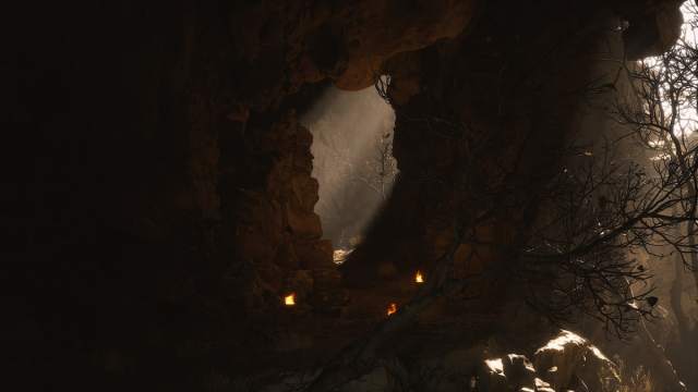 The end of the cave between Squall Hideout and Rockrest Flat, with light shining through a path leading to the Mother of Stone boss.