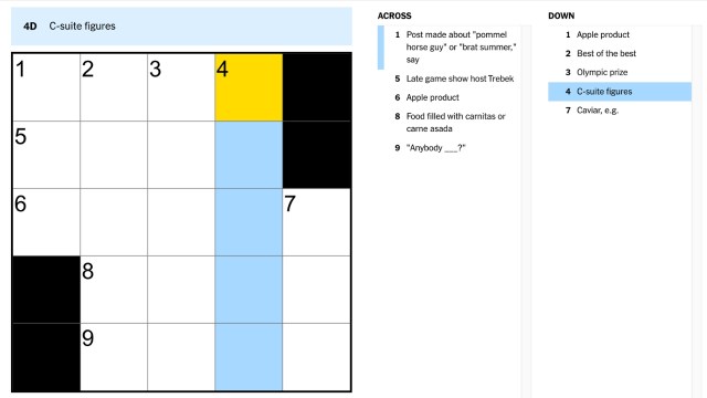 the clue, 'C-suite figures' highlighted in blue and yellow from the NYT Mini puzzle