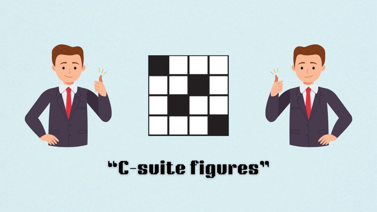 Two men in suits giving the thumbs up above the NYT mini crossword puzzle clue, c-suite figures.