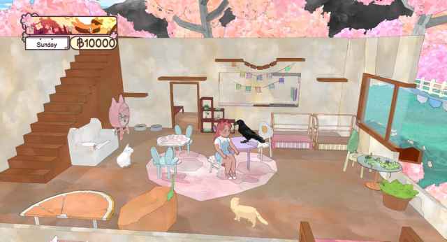 An image of the playable character from Calico sitting on a chair inside a cat cafe. You can restore the cafe and recruit cats to join your town.