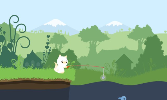 An image from Cat Goes Fishing of a white cat sitting next to a lake using a fishing rod.