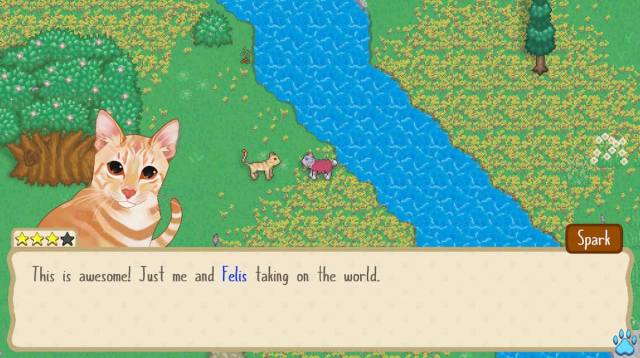 An image of some dialogue between two cats in Cattails. This game allows you to explore a valley filled with cats and form relationships.