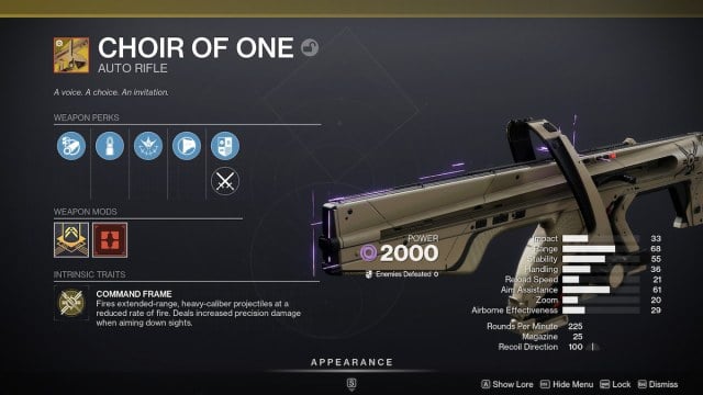 The Choir of One's stats in Destiny 2. Mind its fire rate of 225, which is a first for auto rifles.