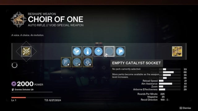 The Choir of One catalyst slot as seen in the Enclave's Reshape menu. The three catalysts listed are Subsistence, Destabilizing Rounds, and Onslaught.