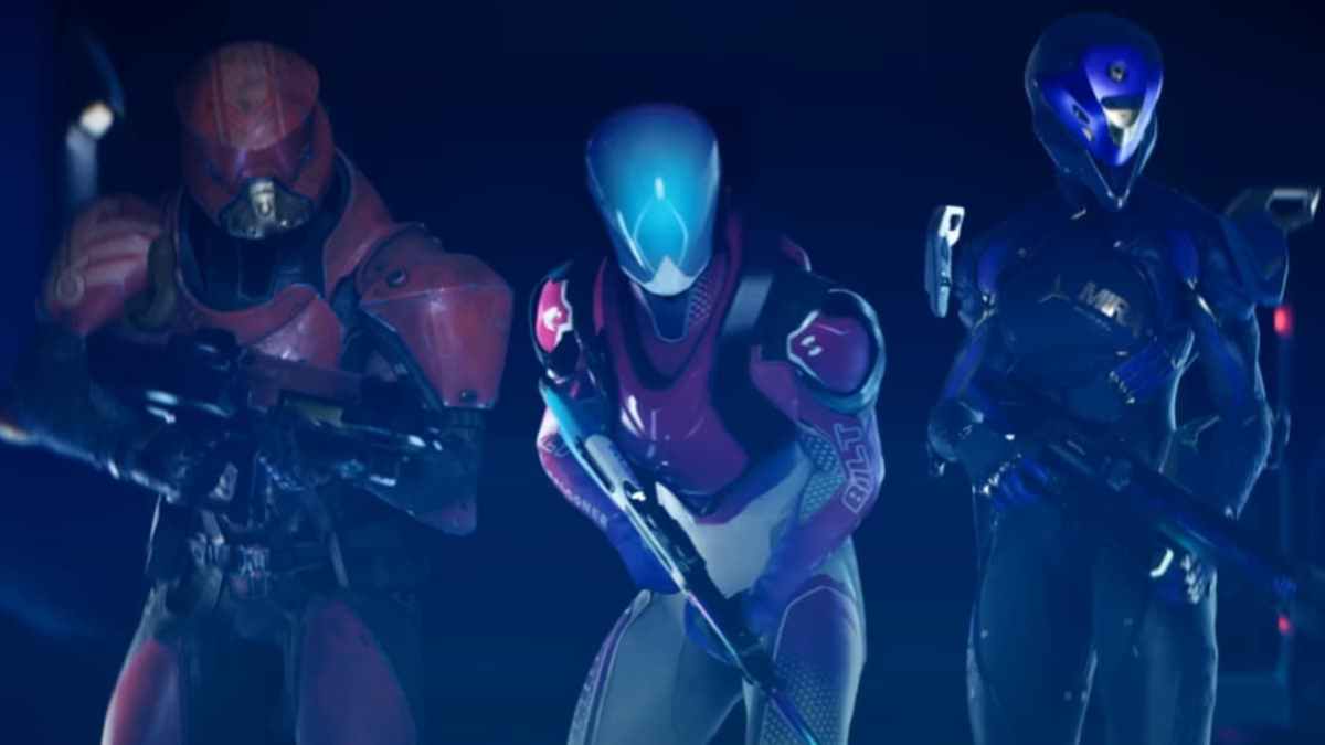 Three characters—sabrask, Aeros—and Meridian, stand side by side with guns at the ready in a Splitgate 2 trailer.