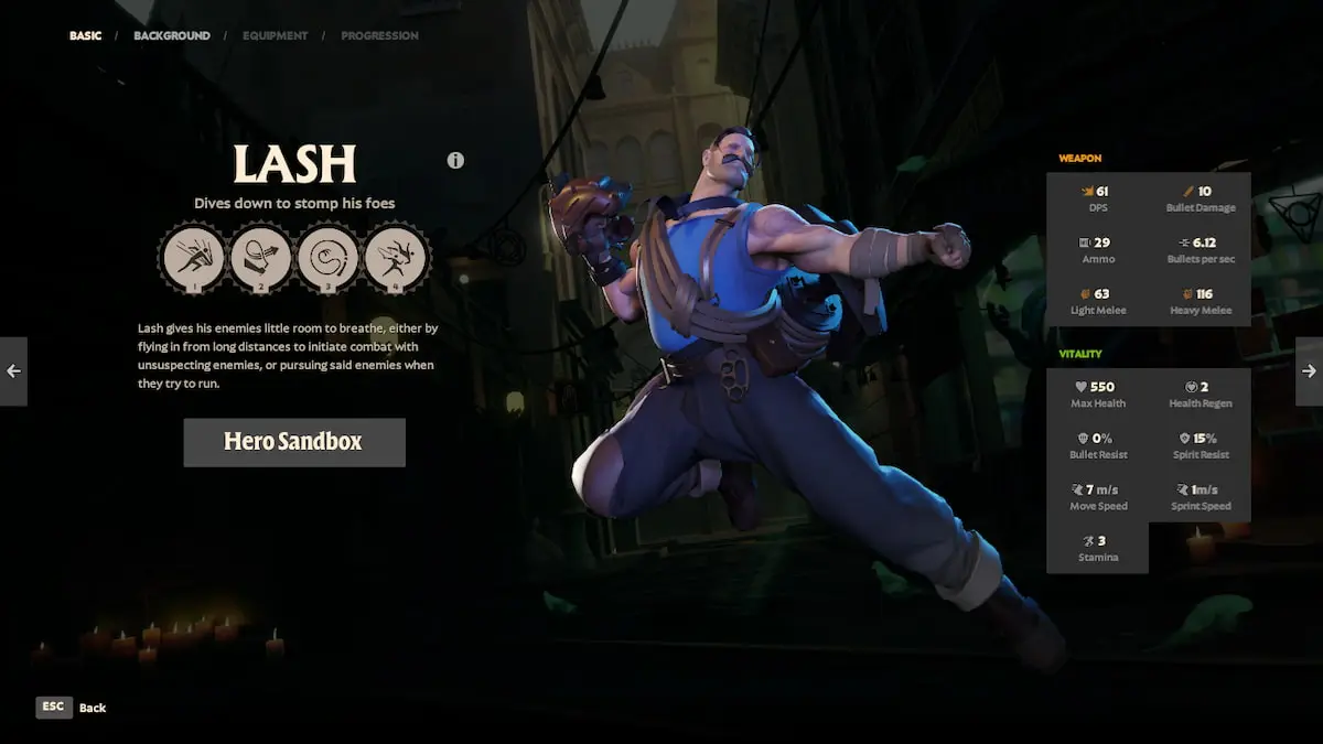 Picture showing the description and statistics of Lash hero in Deadlock.