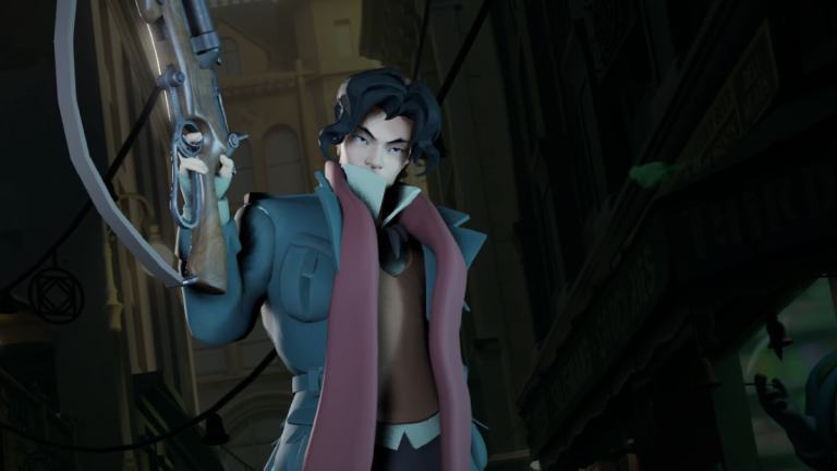 An image of Pocket from Deadlock, a dark-haired assassin who wears a red scarf and uses a magic bag and a shotgun to deal damage.