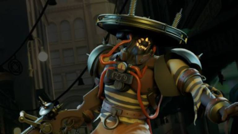 An image of Seven from Deadlock. This robot has a large circular hat with electrical wiring and a clawed mouth.