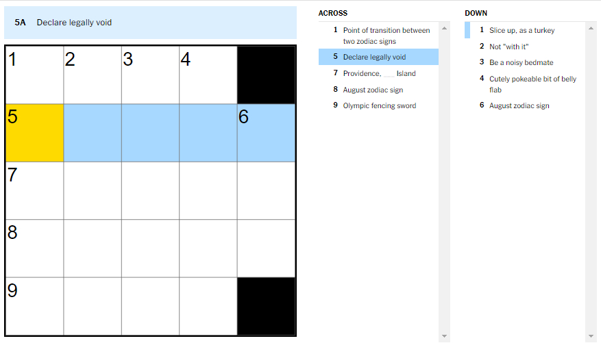 Picture showing the Declare legally void clue in NYT Mini Crossword.