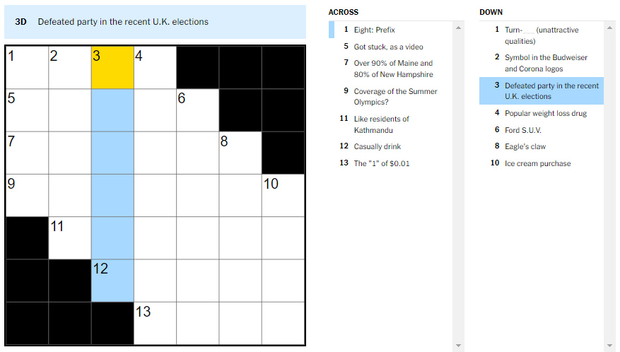 Picture showcasing the Defeated party in the recent U.K. elections clue in NYT mini crossword.