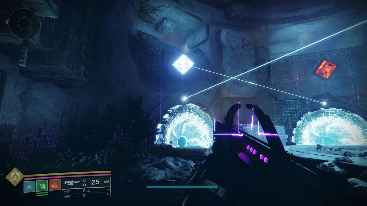 Two portals on the Encore: Overture mission in Destiny 2, with a beam of light coming out from each.