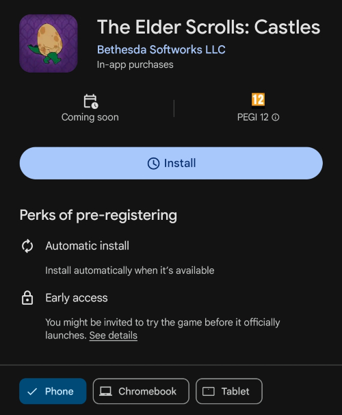 The Elder Scrolls Castles Install page on Google Play Store