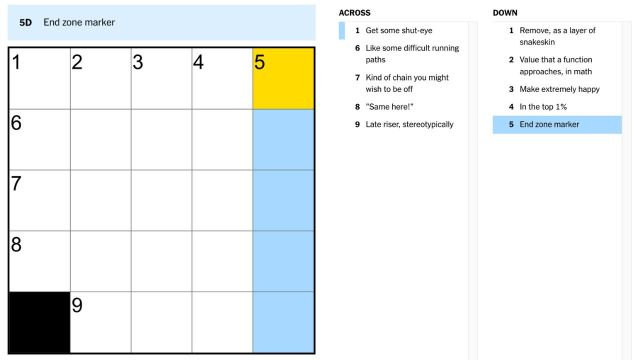 the clue end zone marker highlighted in blue and yellow from the NYT mini crossword puzzle