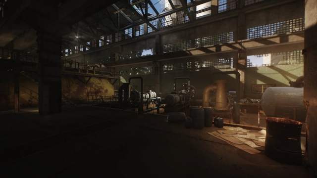 An image of the factory map from Escape from Tarkov. This massive industrial factory is full of equipment, and has been fully updated to meet modern graphical standards.